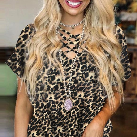 Tops - Leopard Hollow-out Neck Tee with Knot Hem